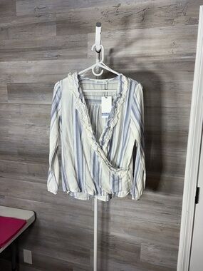 Zara White and Light Blue Striped Ruffle Wrap Top 2116